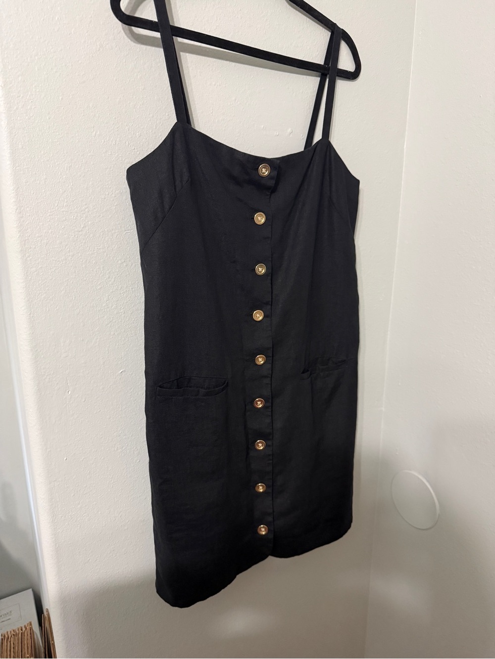 J. Crew 100% Linen Black Gold Button Front Spaghetti Strap Dress Lined M Tall